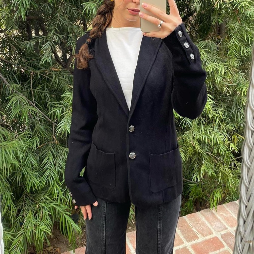 Black Women's Knit Blazer Sweater - Classic Button Front